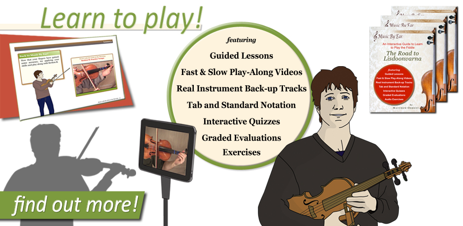 Learn to Play the Fiddle - guided lessons- fast and slow play along videos - back-up tracks - tab and standard notation - interactive quizzes - graded evaluation  - exercises